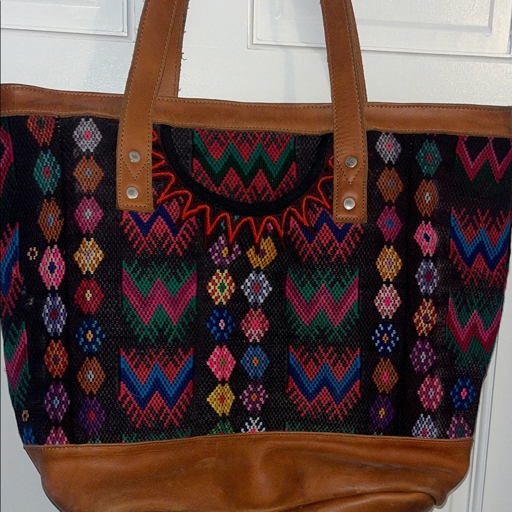 Nena & Co. Multicolor Patterned Tote with Tan Leather Trim